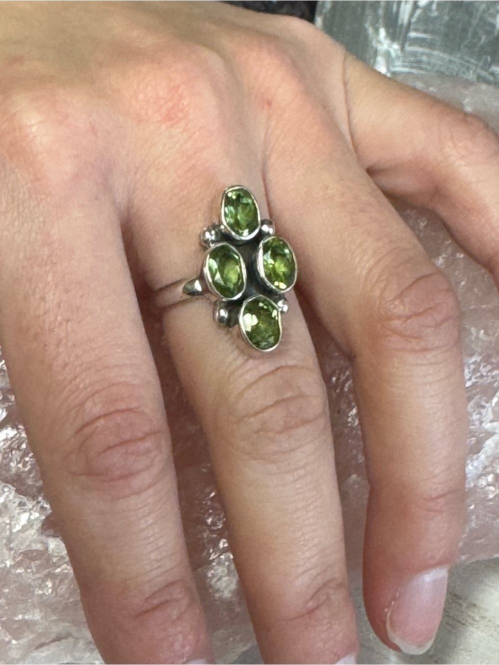 Peridot Diamond Shape Sterling Silver Four Stone Cluster Ring - Size 8